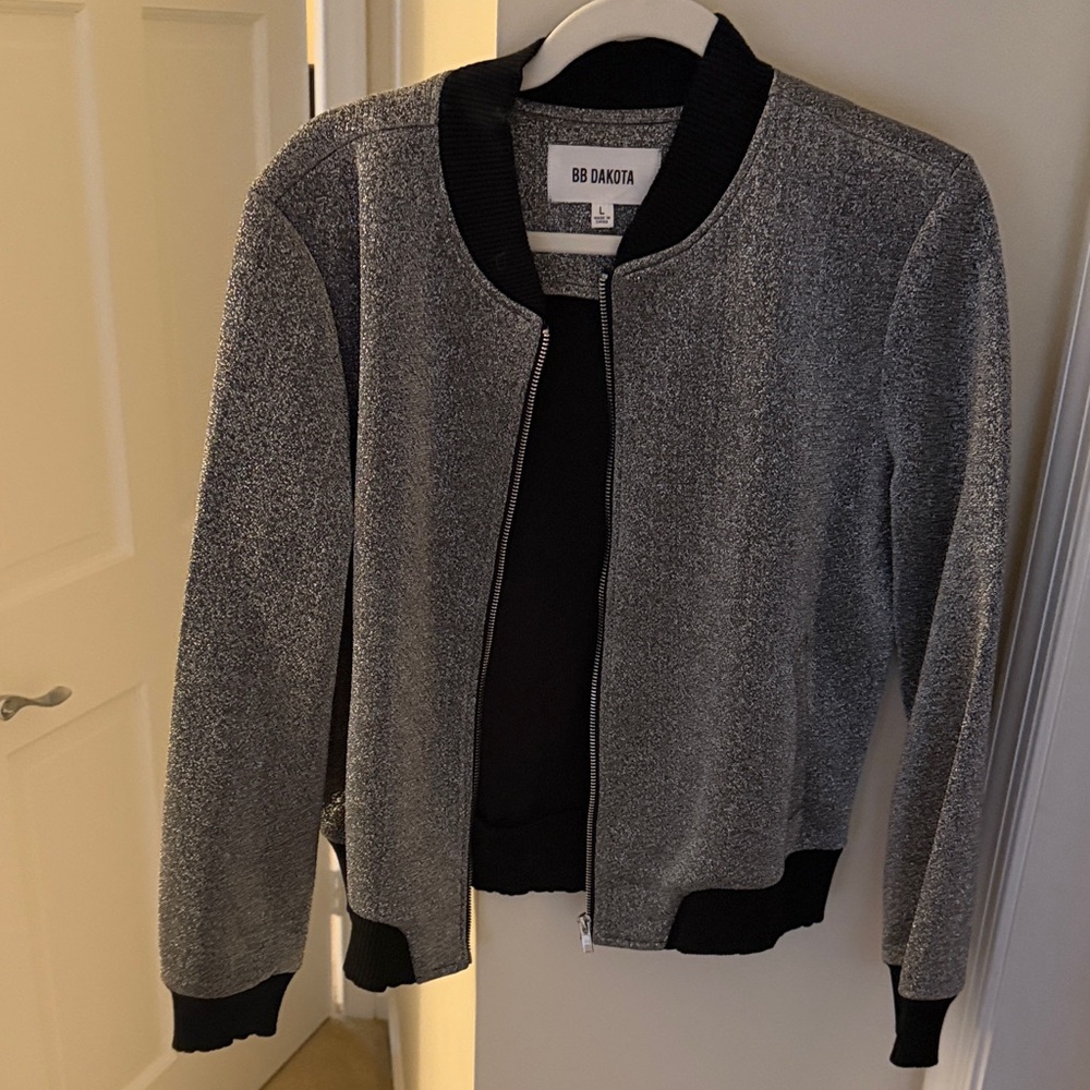 BB Dakota Metallic Silver Bomber Jacket with Black Trim